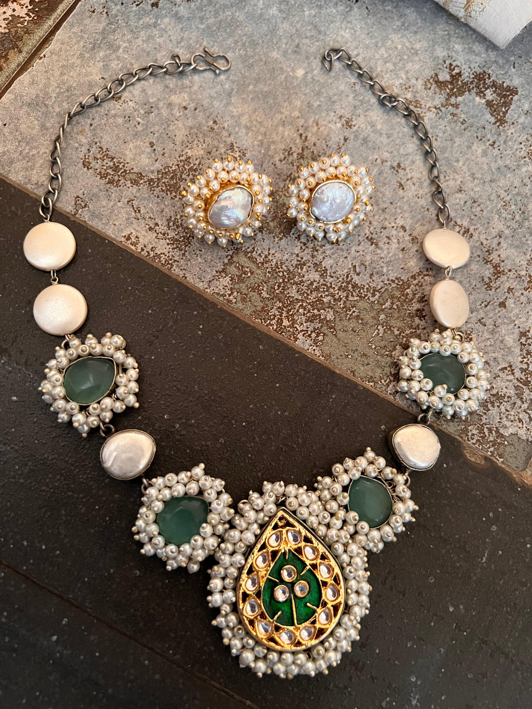 Statement Sea Green and Pearl Short Necklace with Baroque Studs - SHIVKA