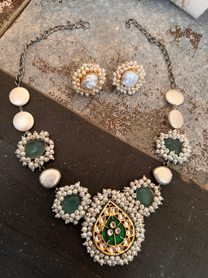 Statement Sea Green and Pearl Short Necklace with Baroque Studs - SHIVKA