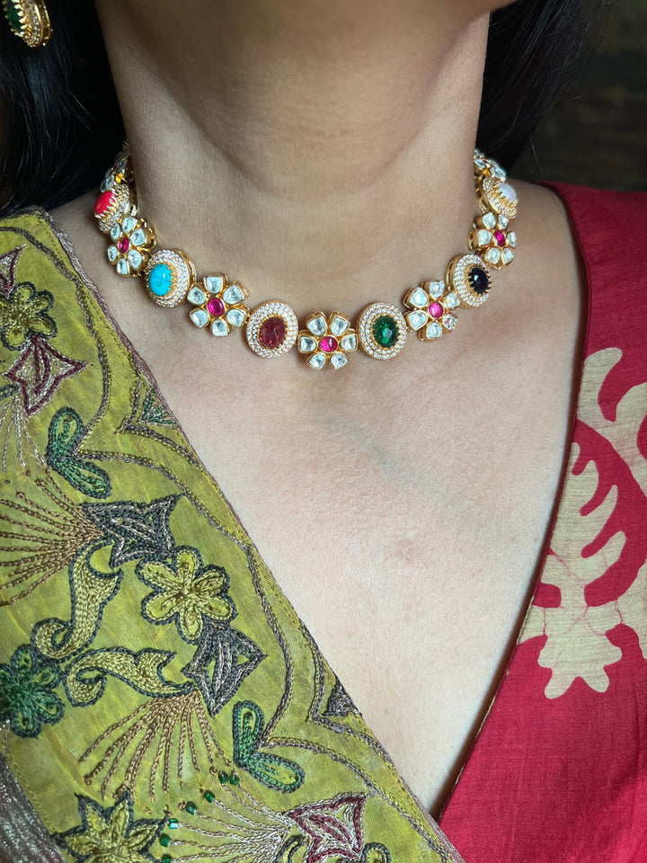 Beautiful Multi coloured Kundan Necklace with Earrings