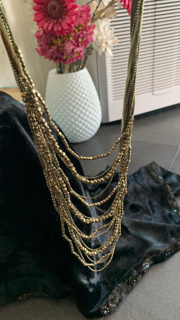 Olive Green and Antique Gold Beaded Long Necklace with Brass Studs - SHIVKA