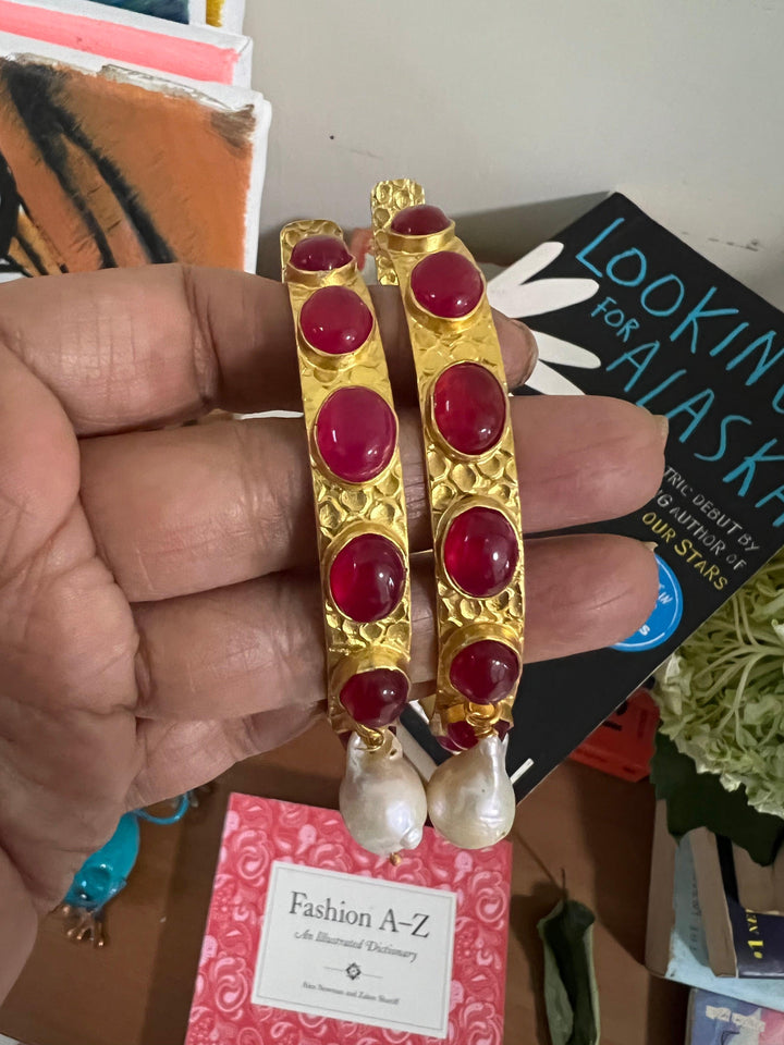 Natural Gemstones Pearl Drop Designer Hoops - SHIVKA