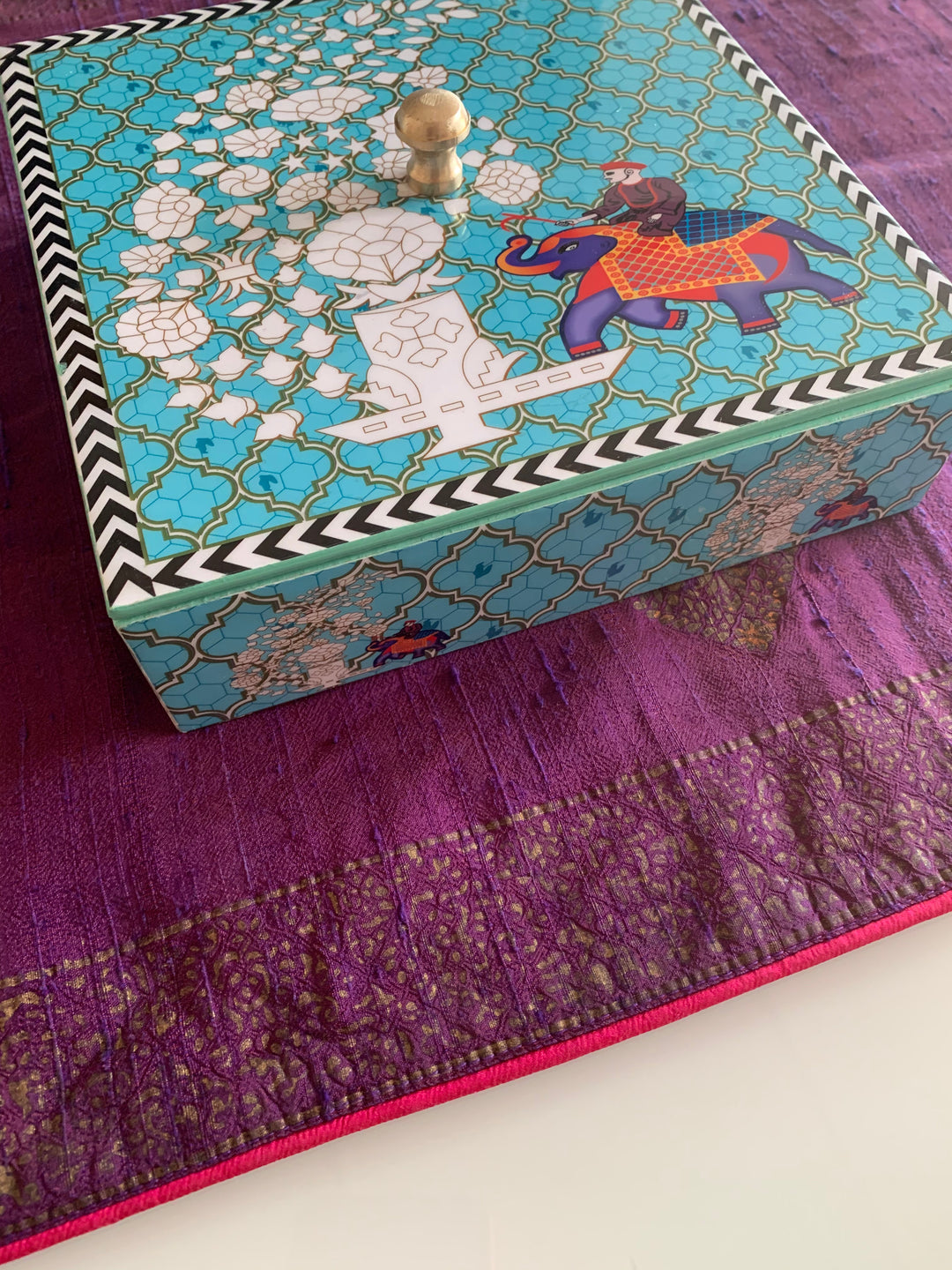 Blue Elephant Design Enamelled Box with Lid