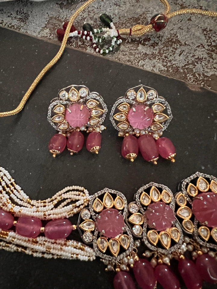 Pink Carved Stone Kundan Choker with Earrings - SHIVKA