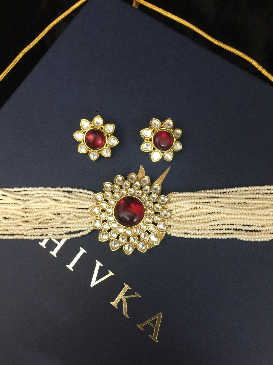 Red Kundan and Pearl Choker with Earrings - SHIVKA