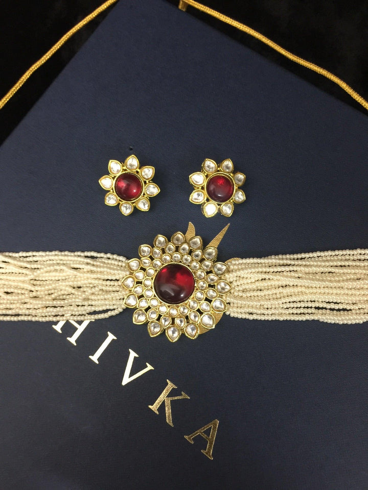 Red Kundan and Pearl Choker with Earrings - SHIVKA