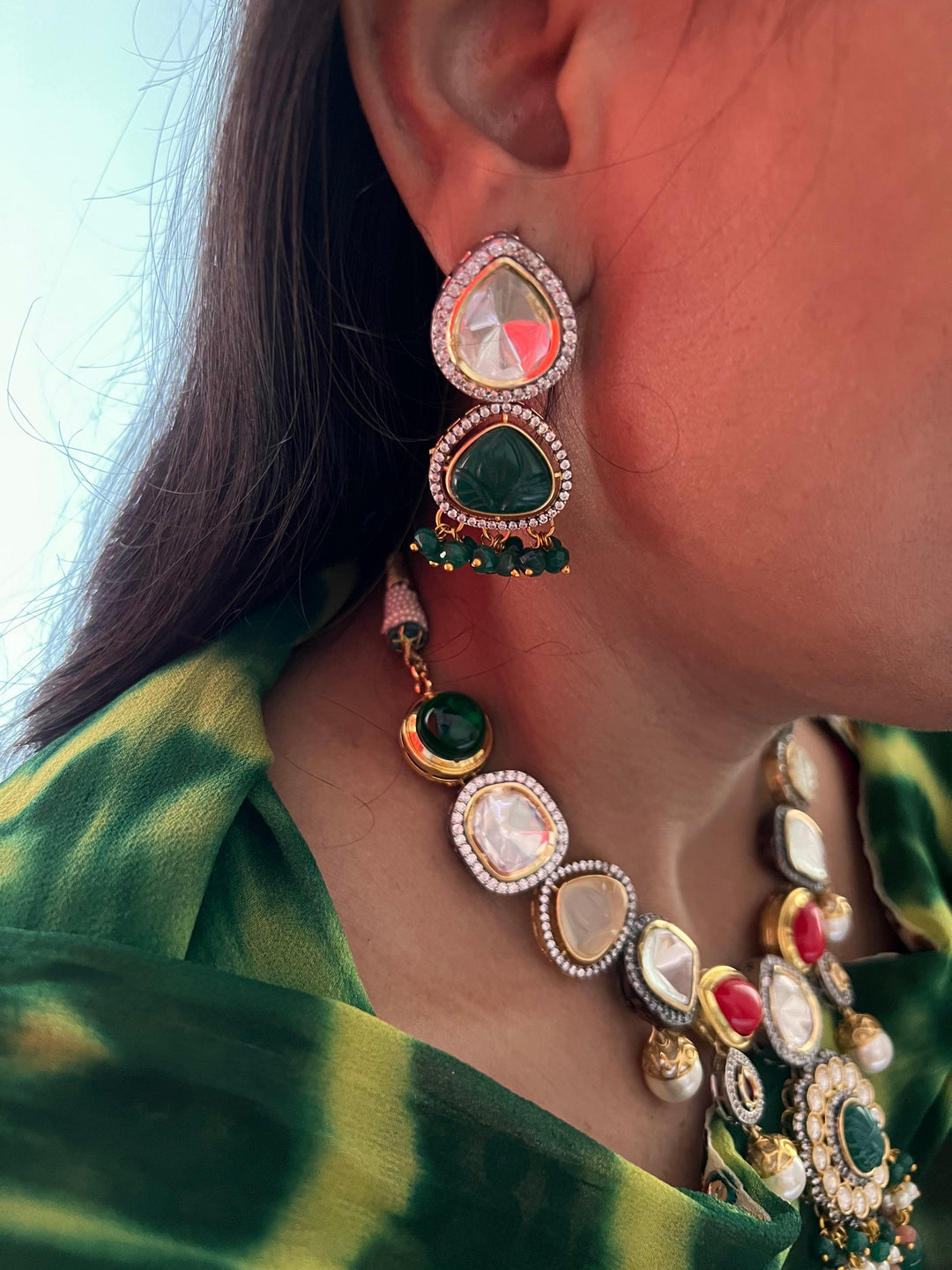 Scintillating Multicolored  Kundan Necklace with Statement Jhumka Earrings - SHIVKA