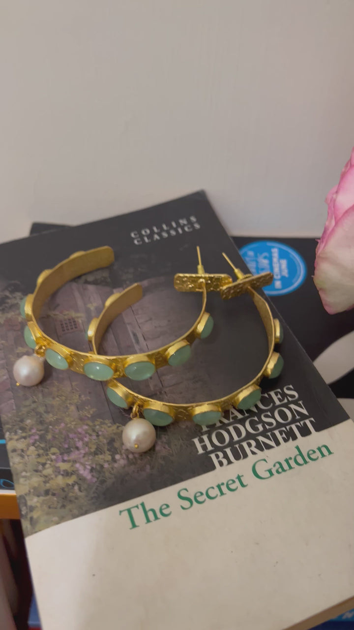 Natural Gemstones Pearl Drop Designer Hoops