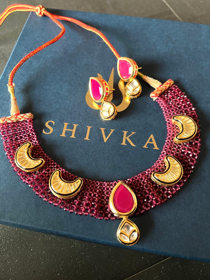 Statement Kundan Mesh Choker Necklace with Earrings - SHIVKA