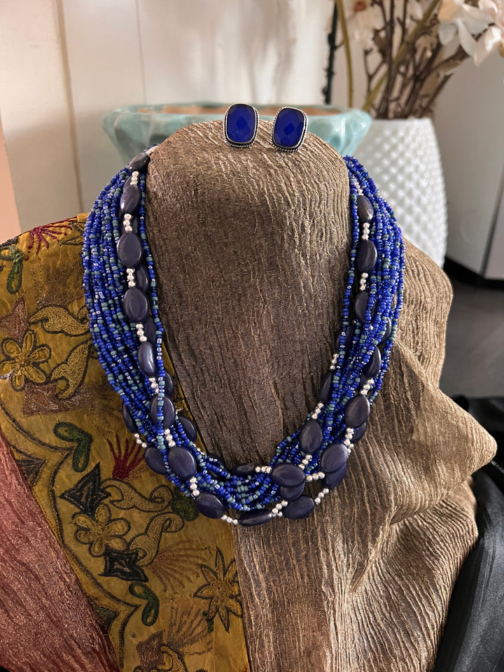 Bright Blue Beaded Necklace with Studs