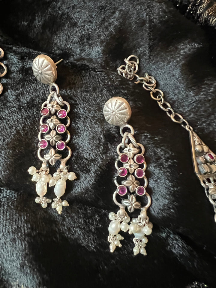 Vintage Jaipur Sterling Silver & Pink Stone Necklace Set | Pure 925 Silver