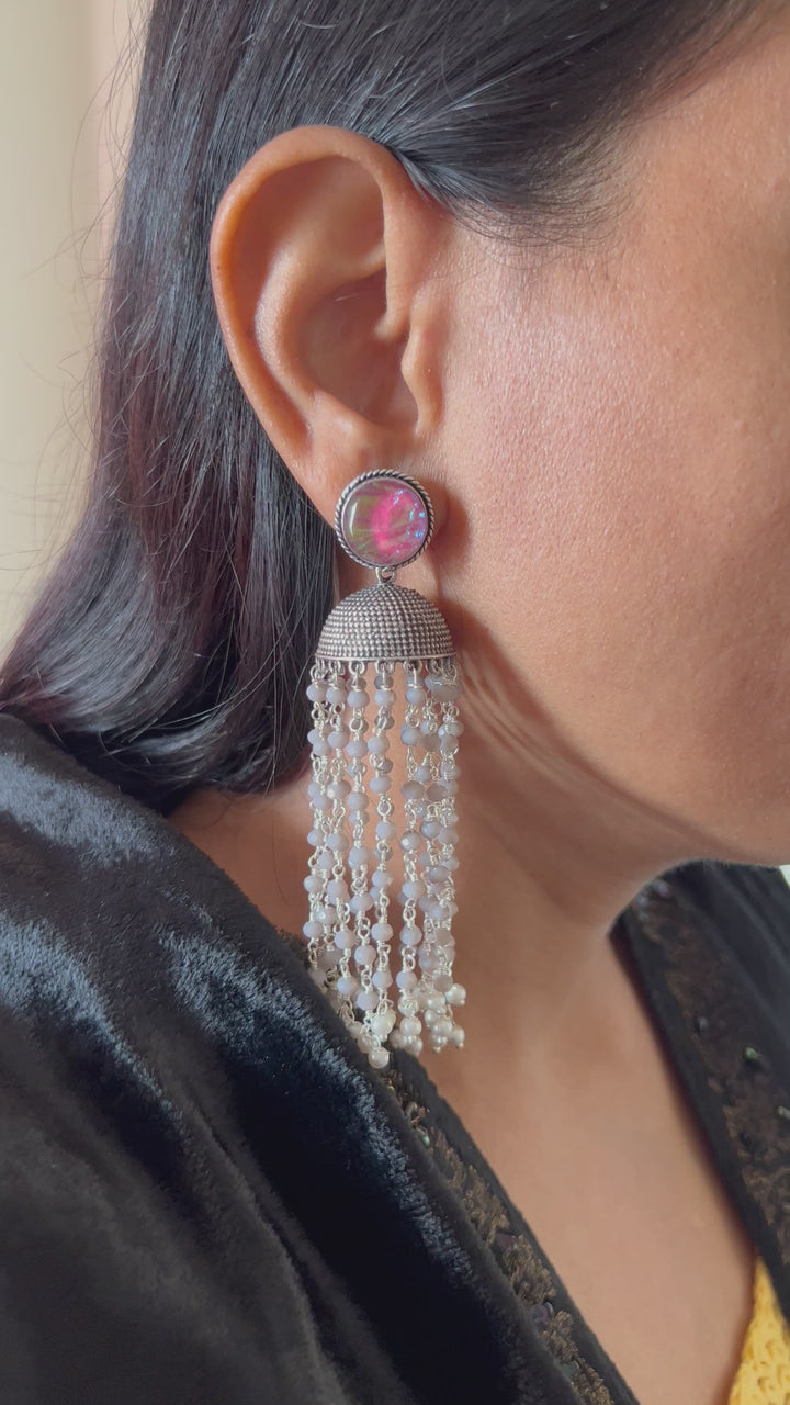 Rainbow Pink Stone Stud with Multiple Beads Tassels