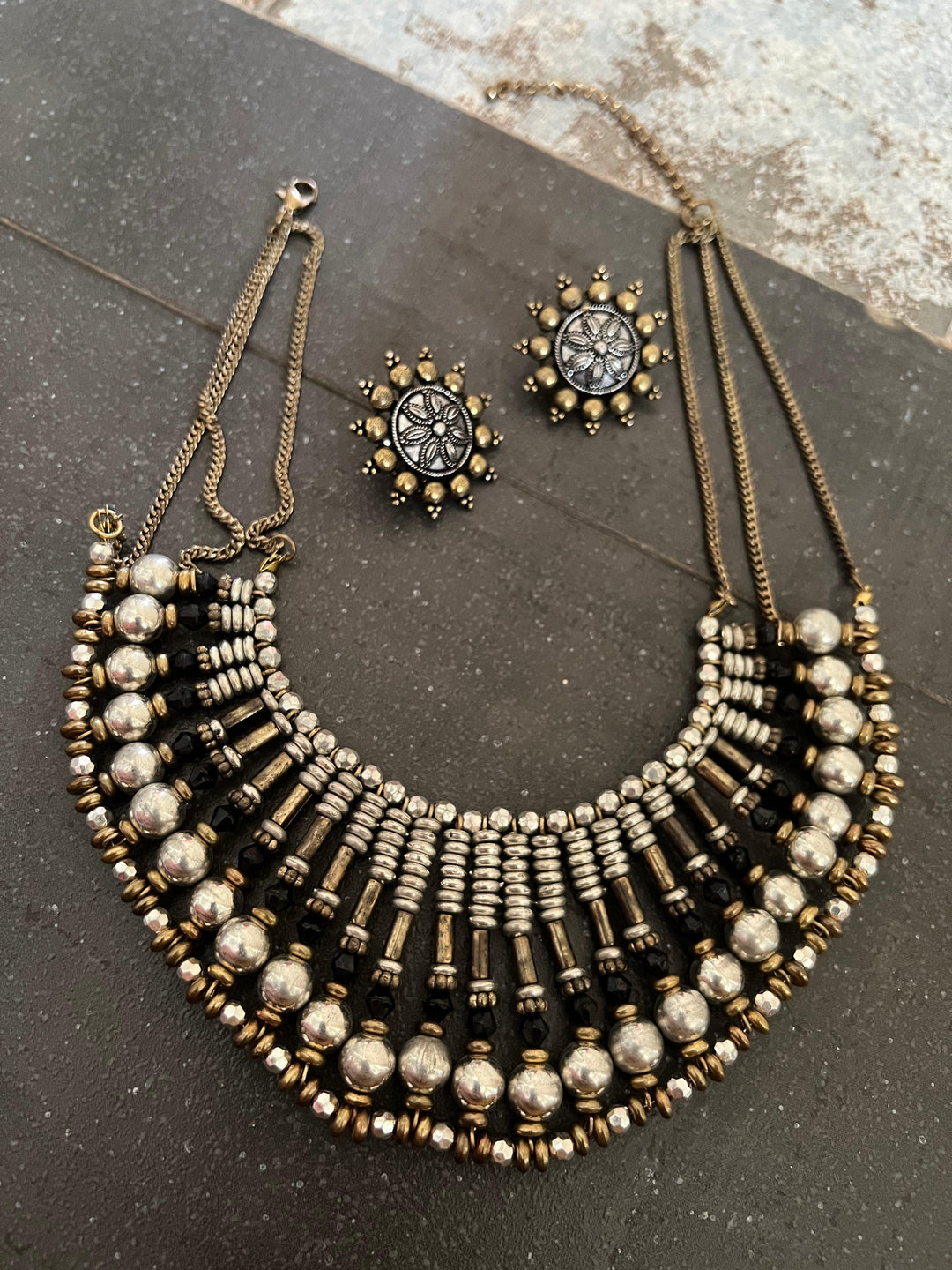 Tribal Beaded Necklace with Vintage Studs - SHIVKA