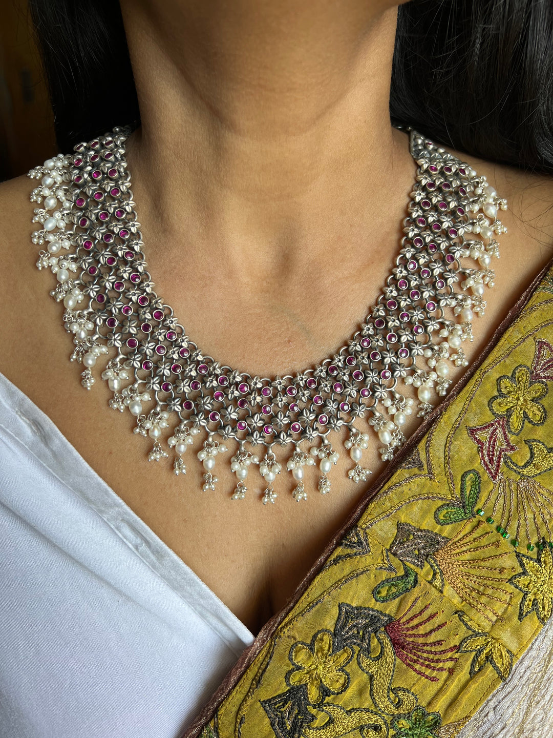 Vintage Jaipur Sterling Silver & Pink Stone Necklace Set | Pure 925 Silver