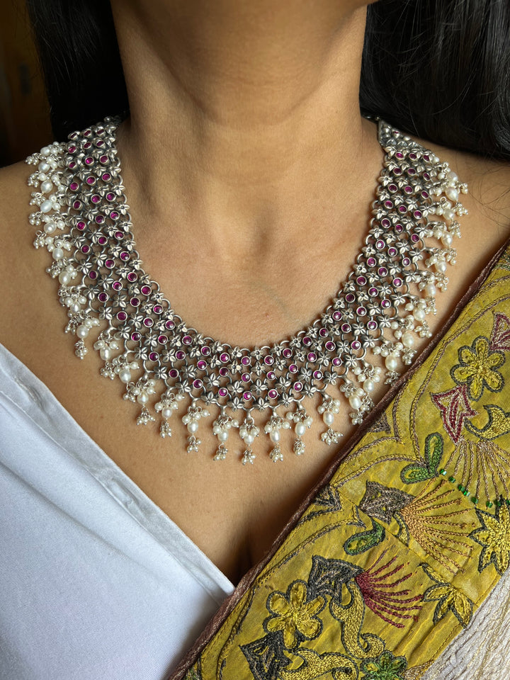 Vintage Jaipur Sterling Silver & Pink Stone Necklace Set | Pure 925 Silver