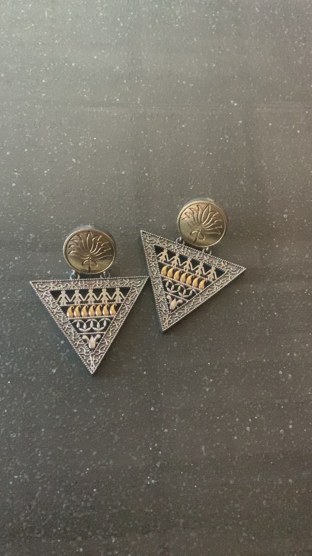 Dual Tone Lotus Triangular Earrings