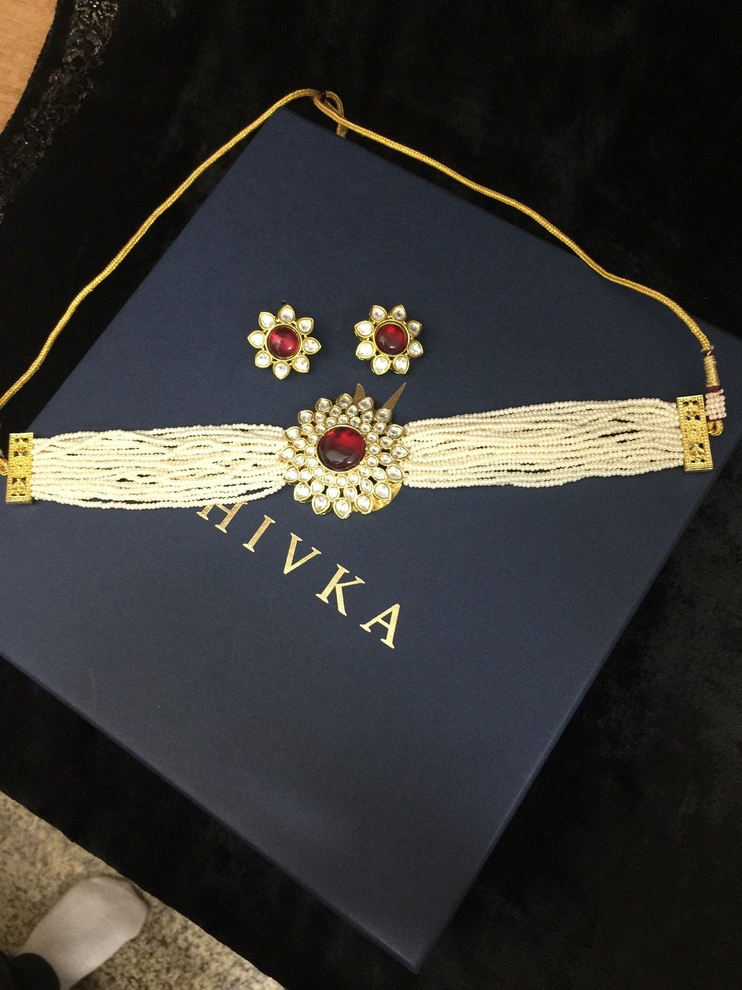 Red Kundan and Pearl Choker with Earrings - SHIVKA