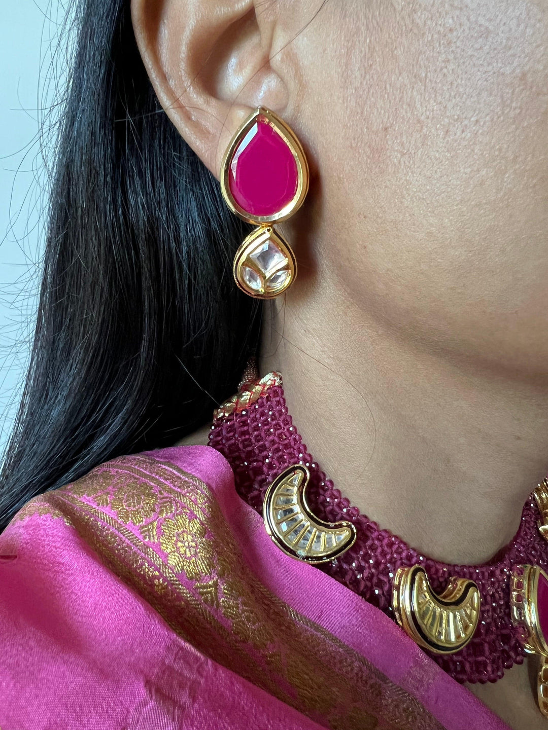 Statement Kundan Mesh Choker Necklace with Earrings - SHIVKA