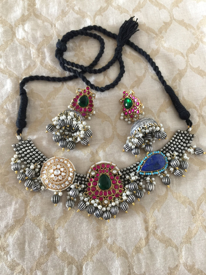 Designer Dual Tone Necklace with Kundan Earrings