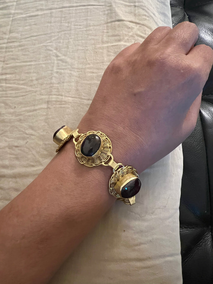 Designer Brass Stone Bracelet | Gold Plated Adjustable Natural Stone Bracelet | SHIVKA Elegant Statement Jewelry