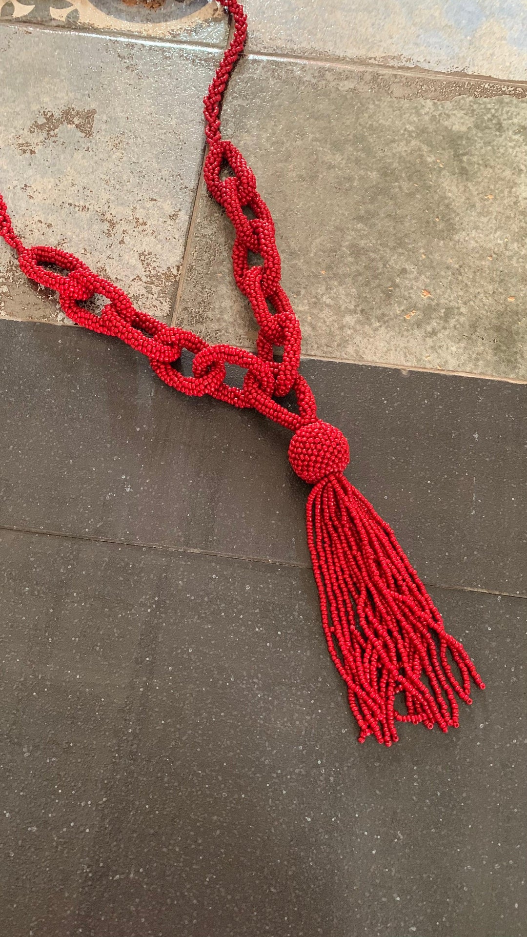 Statement Red Beaded Chain Long Necklace - SHIVKA