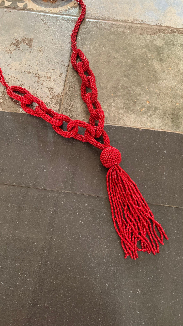 Statement Red Beaded Chain Long Necklace - SHIVKA