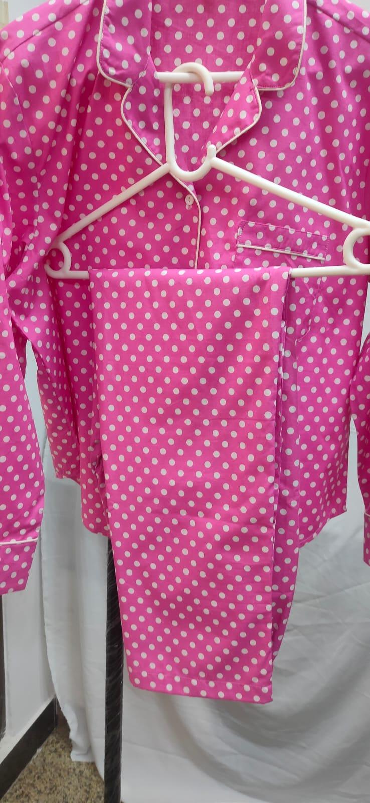 Pink Polka Cotton Night Suit - SHIVKA