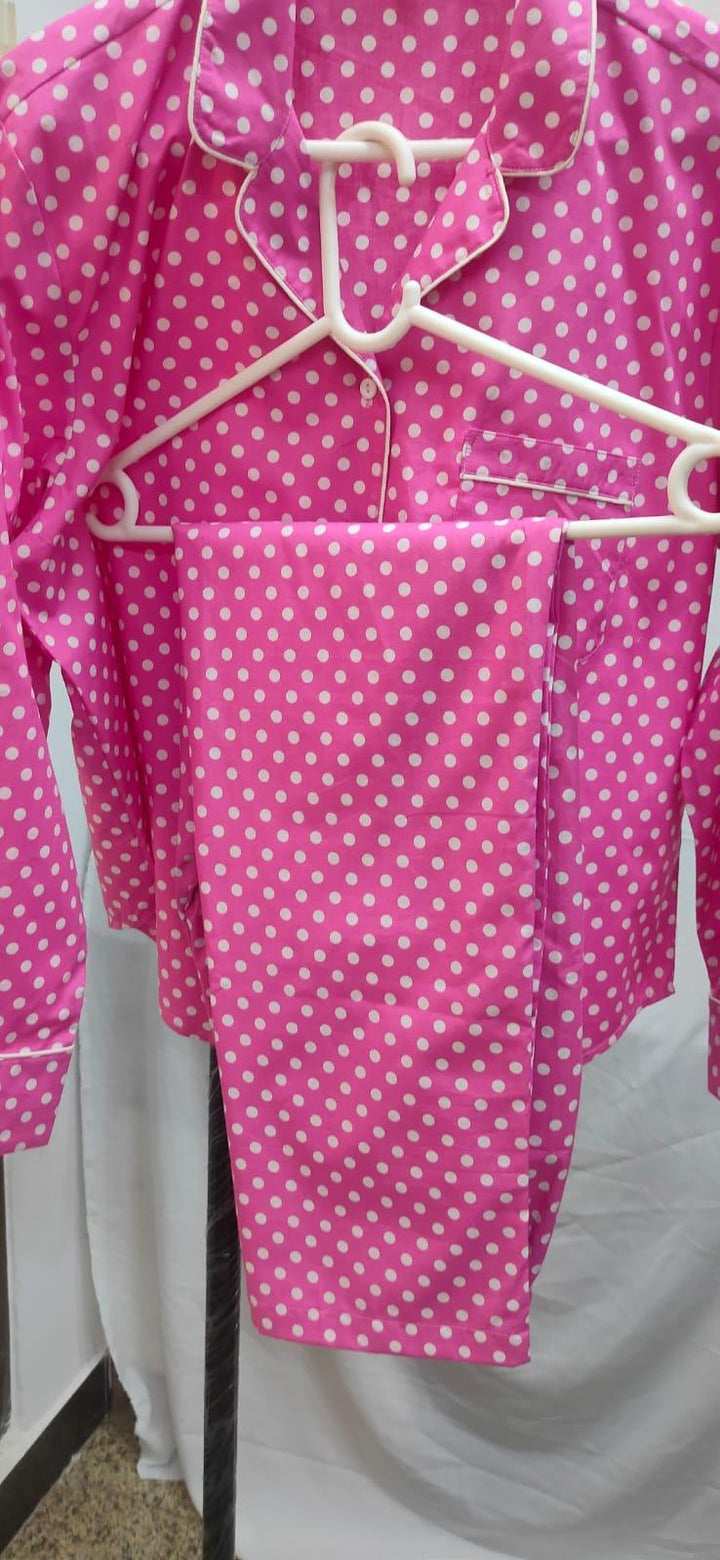 Pink Polka Cotton Night Suit - SHIVKA
