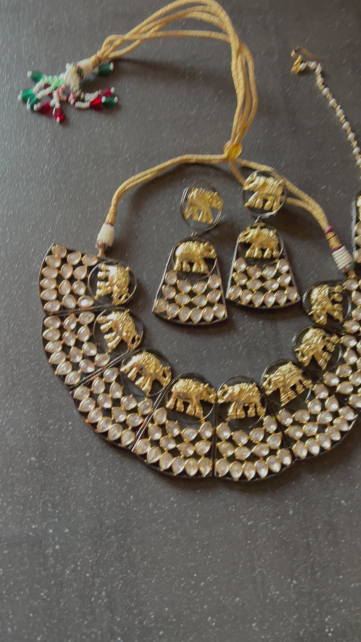 Statement Dual Tone Elephant Necklace with Earrings and Mangtikka
