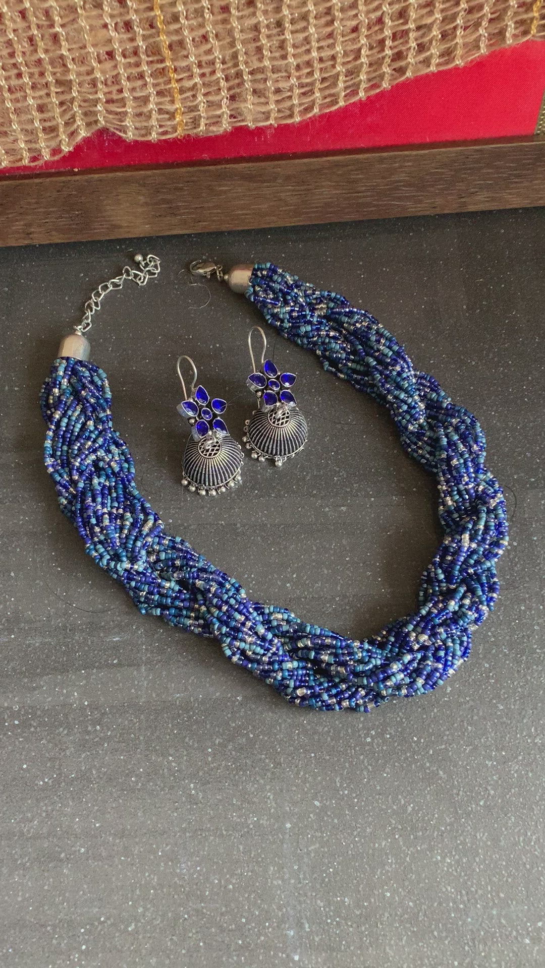 Blue Beaded Necklace with Antique Jhumkis