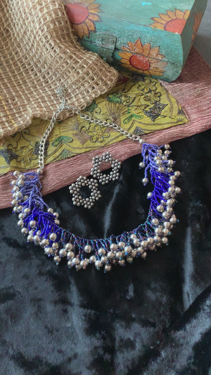 Blue and Silver Tasseled Necklace with Studs