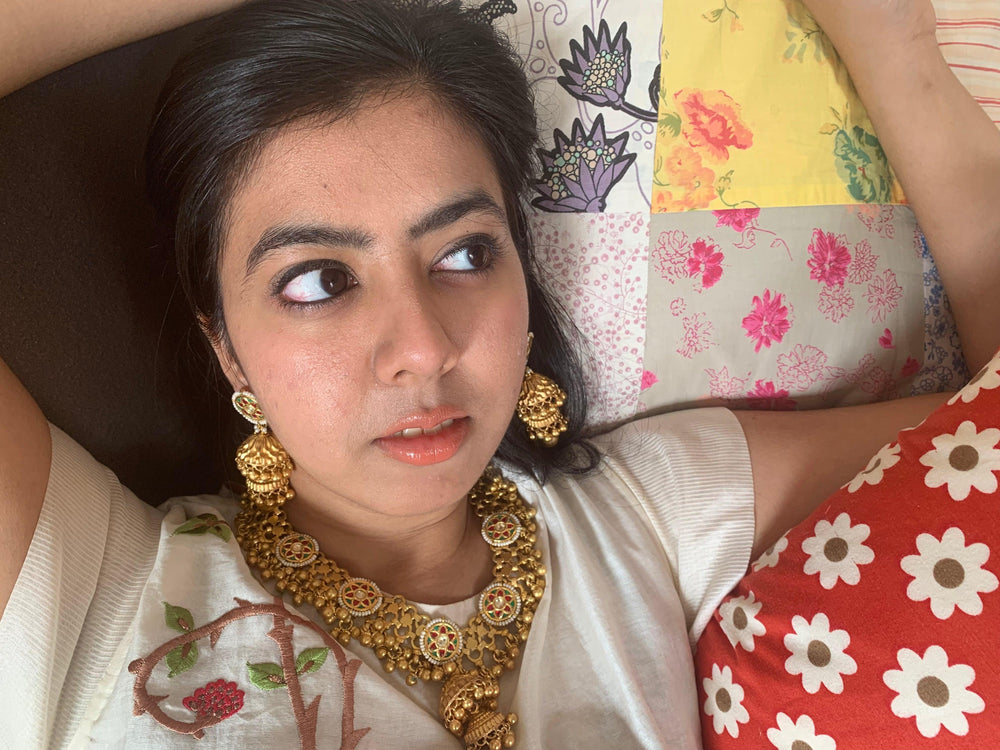 Gold Mesh Choker Necklace & Double-Jhumka Earrings Set - SHIVKA