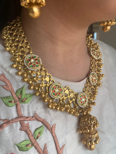 Gold Mesh Choker Necklace & Double-Jhumka Earrings Set - SHIVKA