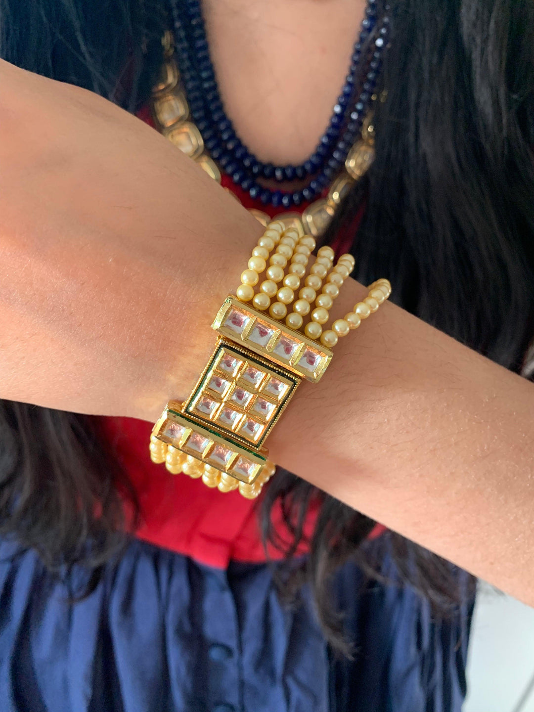 Polki Window Pearl Layered Bracelet - SHIVKA