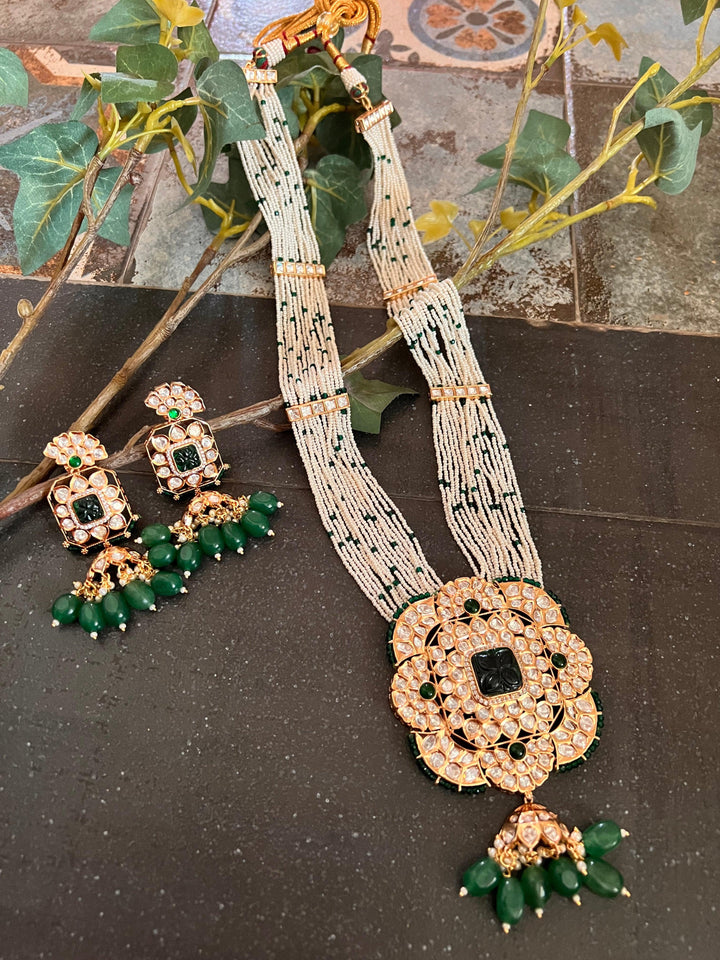 High Quality Kundan Pendant Long Necklace with Statement Earrings - SHIVKA