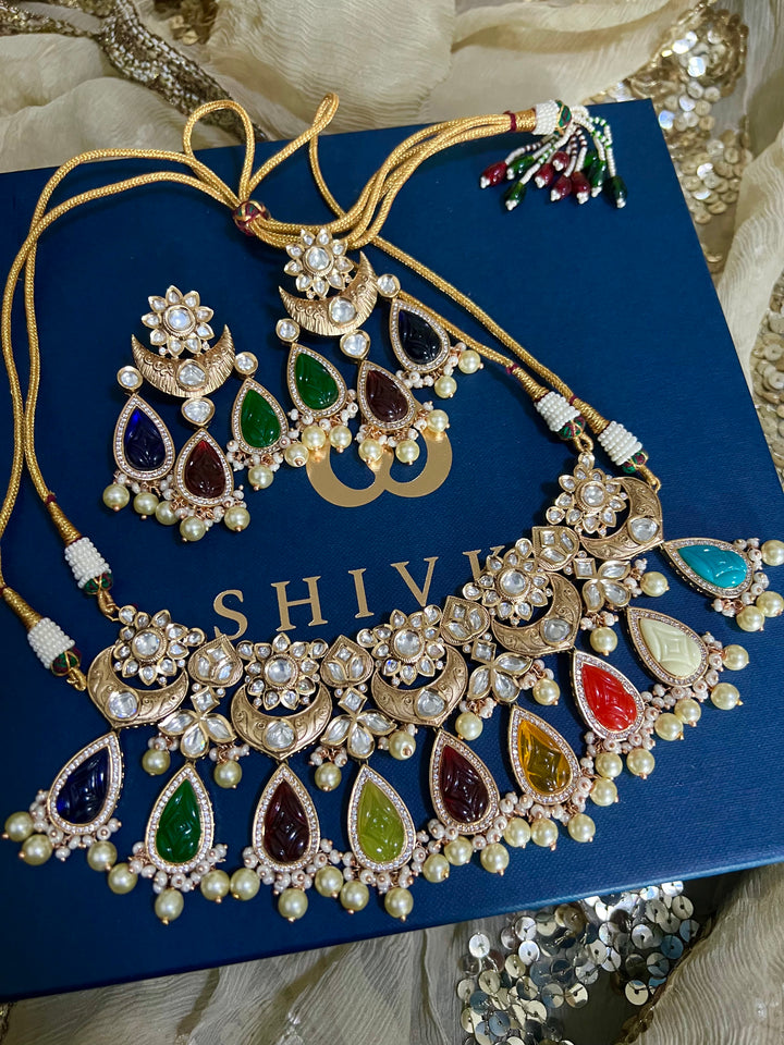 Multicoloured Bridal Kundan Choker Necklace with Earrings