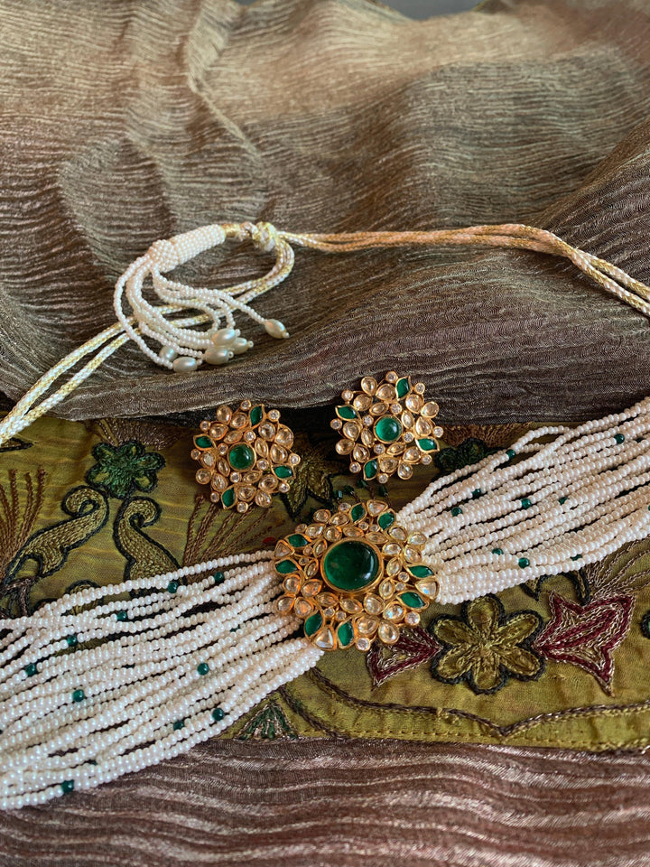 Pearl Kundan Choker Necklace with Studs - SHIVKA