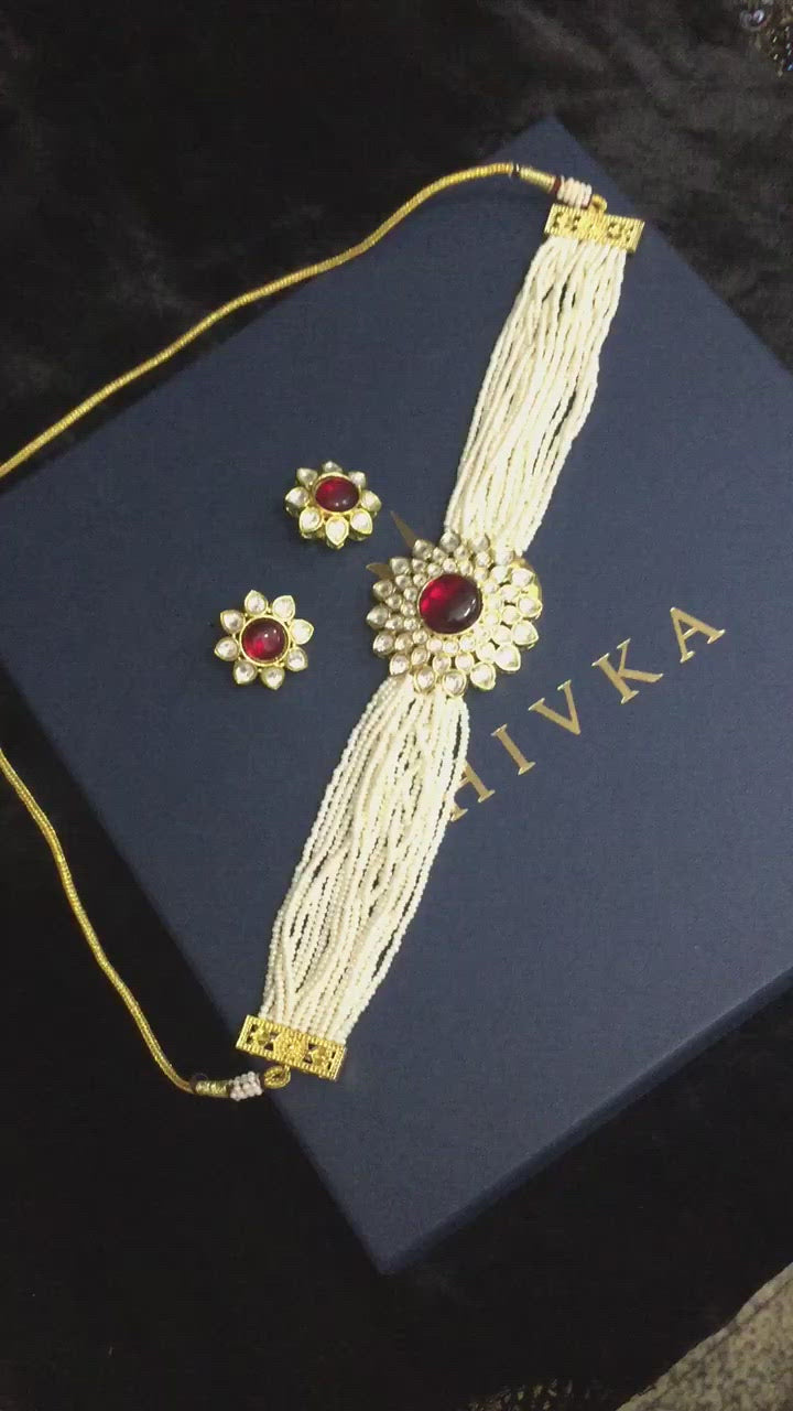 Red Kundan and Pearl Choker with Earrings