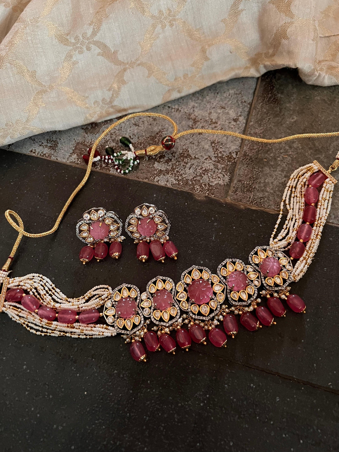 Pink Carved Stone Kundan Choker with Earrings - SHIVKA