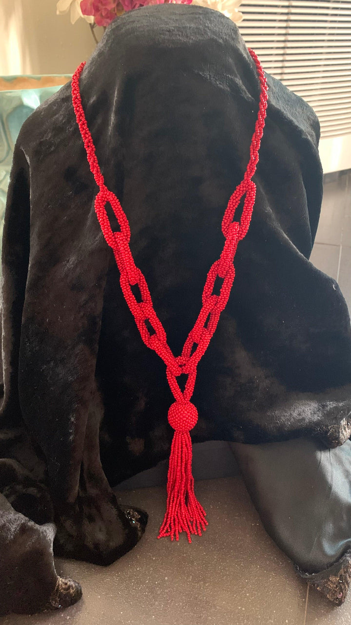 Statement Red Beaded Chain Long Necklace - SHIVKA