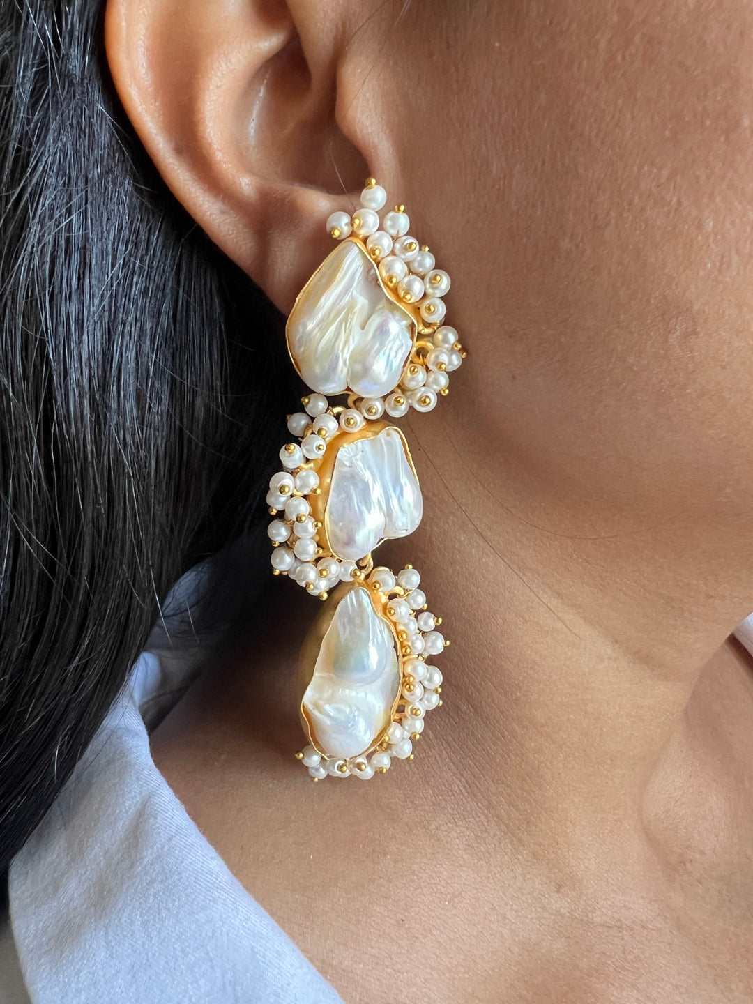 Three Tier Baroque Danglers/ Natural Gemstones Earrings/ Stylish Earrings