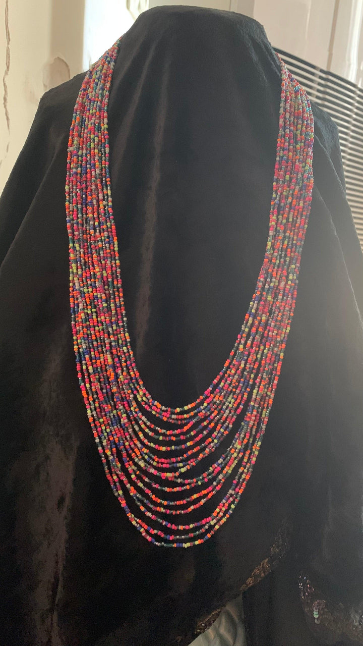 Statement Beaded Long Necklace with Oversized Brass Studs - SHIVKA