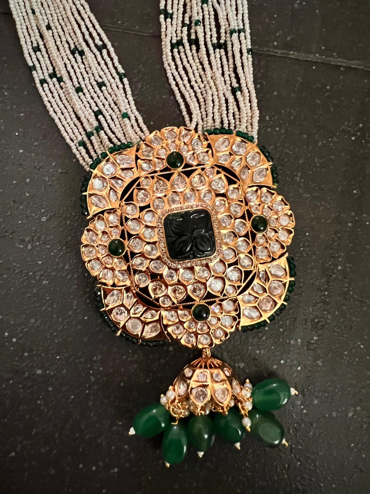 High Quality Kundan Pendant Long Necklace with Statement Earrings - SHIVKA