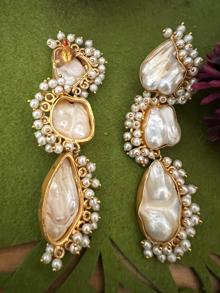 Three Tier Baroque Danglers/ Natural Gemstones Earrings/ Stylish Earrings