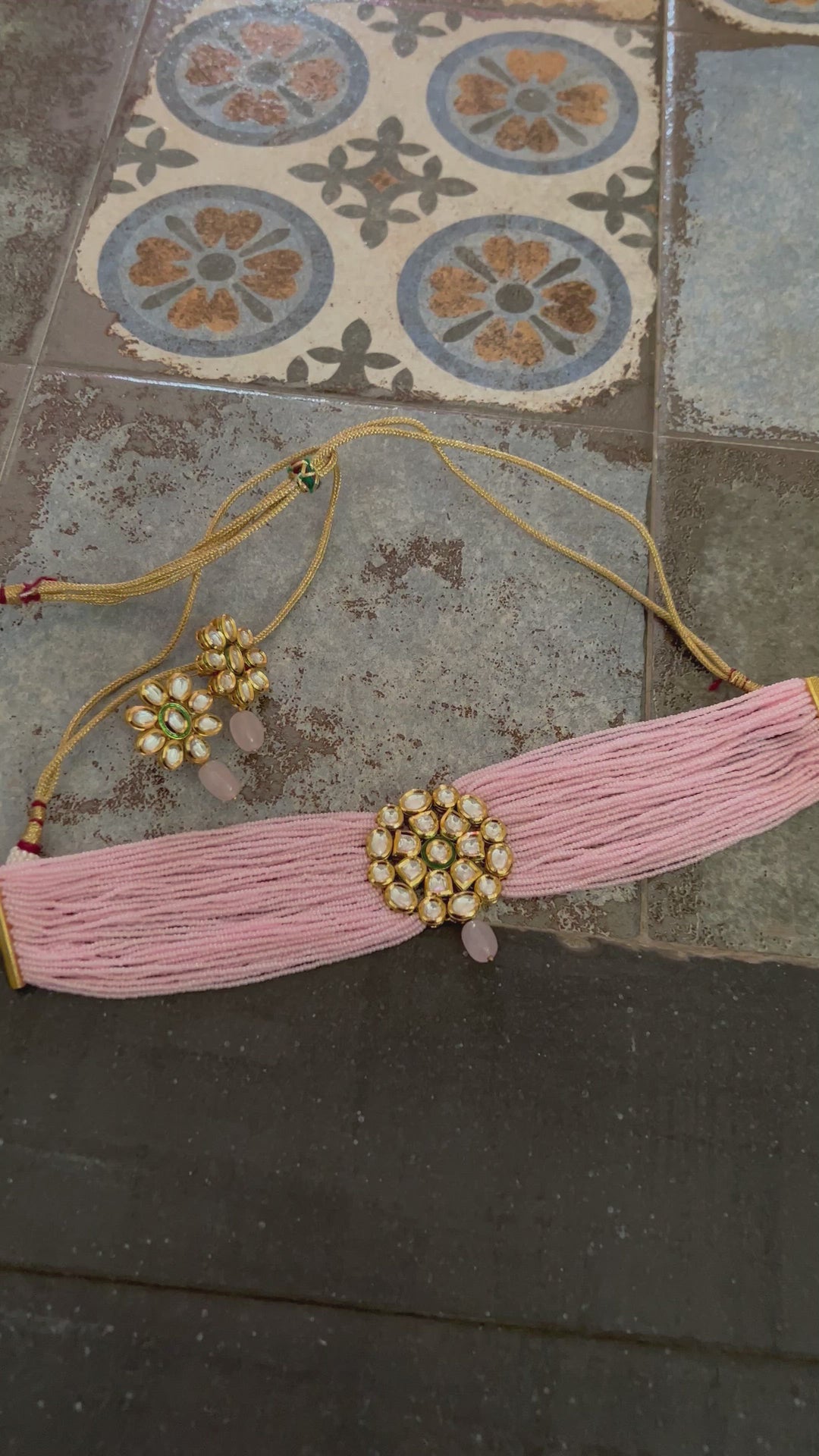 Pink Kundan Choker with Earrings