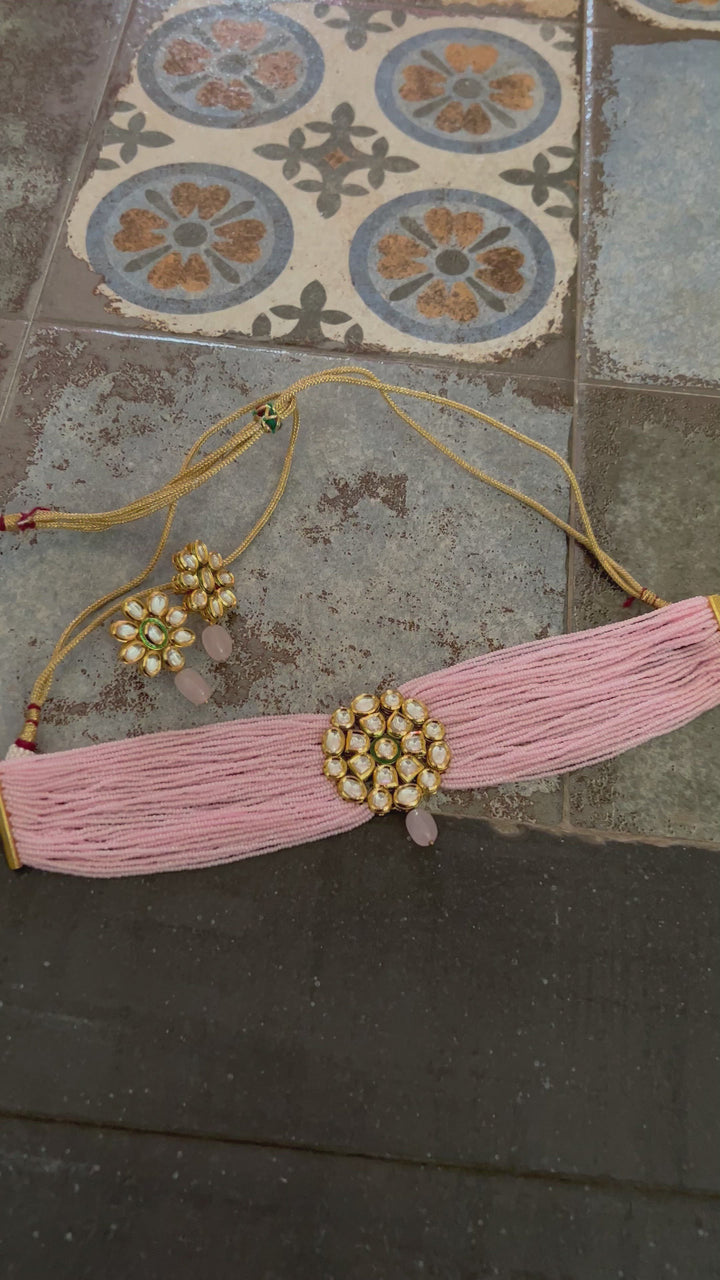 Pink Kundan Choker with Earrings