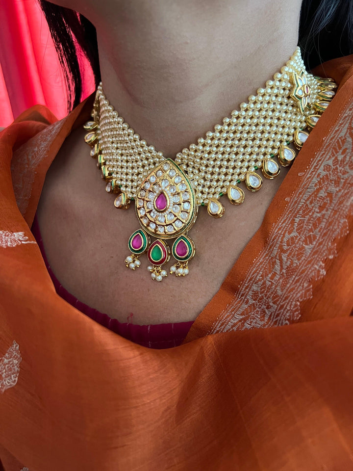Pearl Mesh Kundan Choker with Earrings - SHIVKA