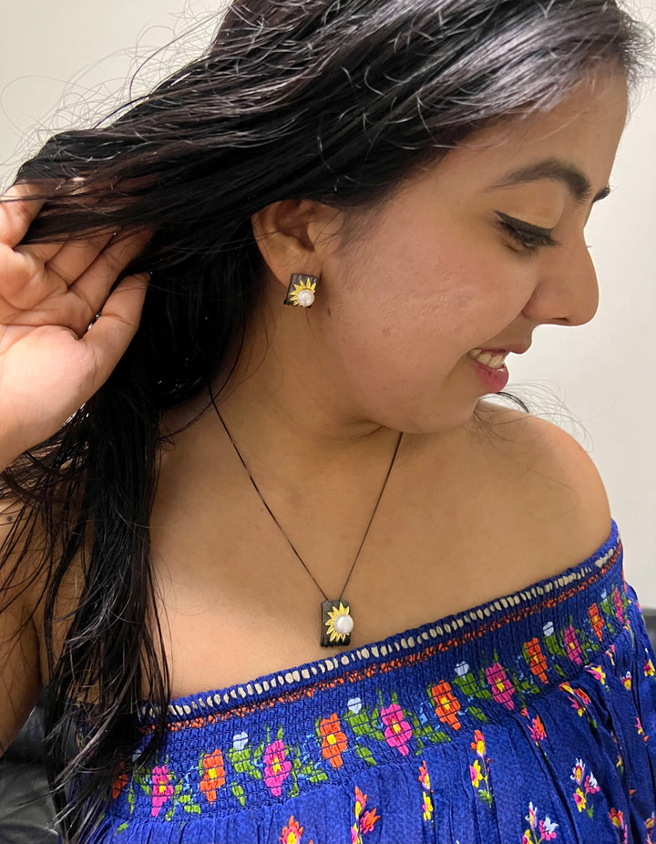 SHIVKA Pearl 925 Silver Pendant Necklace Set | Elegant Rhodium Finish