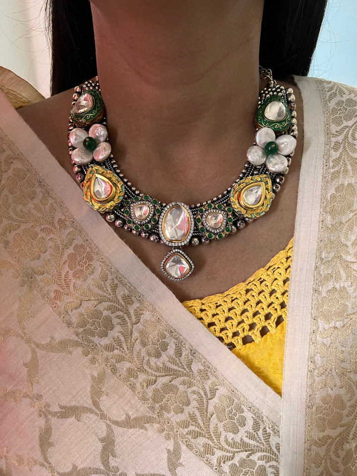 Designer Dual Tone Necklace with Kundan Earrings