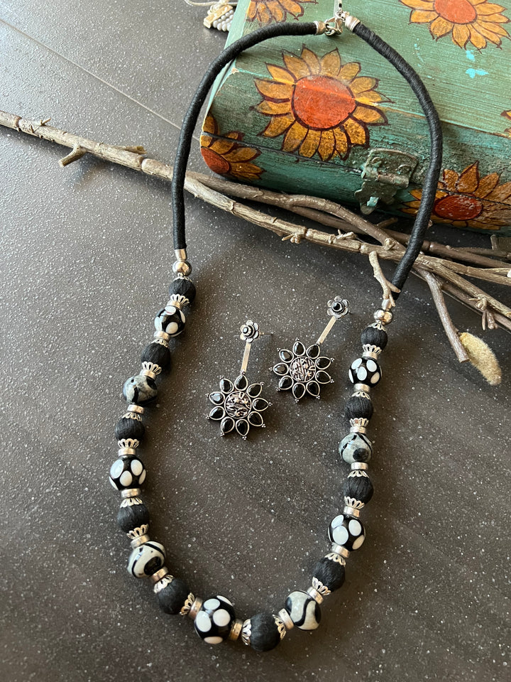 Black and Silver Beaded Necklace with Statement Earrings