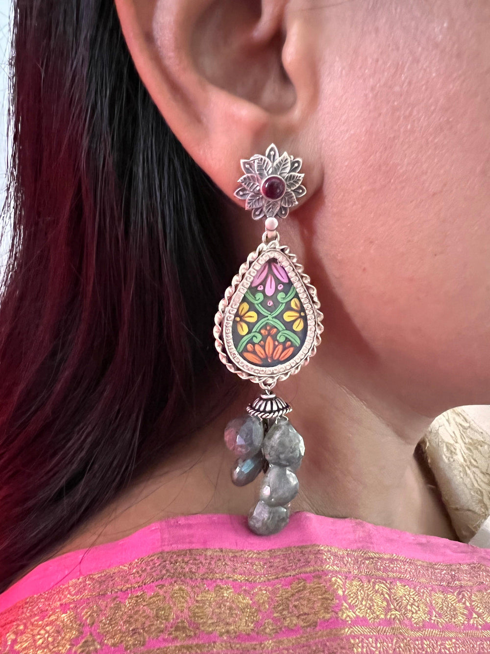 Statement Labradorite Cluster Pure 925 Silver Earrings - SHIVKA
